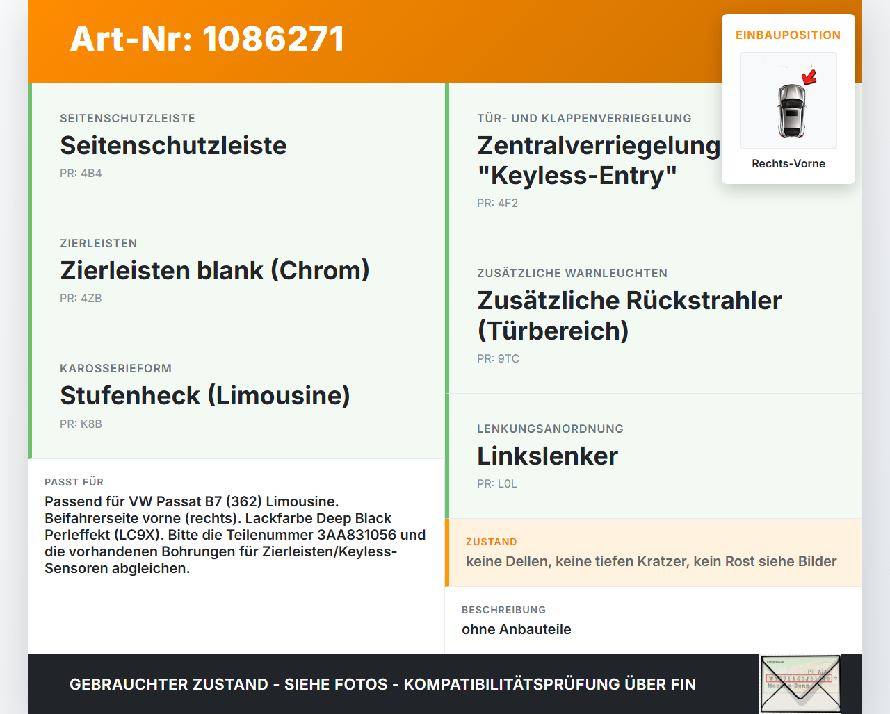 VW Passat 3C B7 10-14 Lim Tür Beifahrertür Rechts Vorne LC9X VW Passat 3C B7 10-14 02.01.2014 3AA831056 gebraucht Vorschau 3