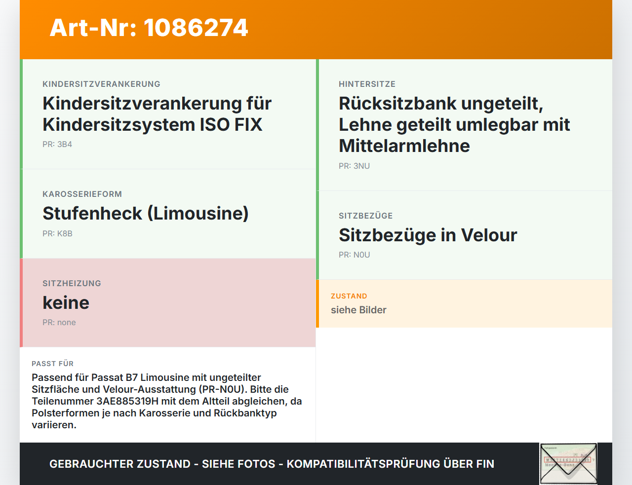 VW Passat 3C B7 10-14 TSI 1,4 90KW Sitzpolster für Rücksitzbank VW Passat 3C B7 10-14 02.01.2014 3AE885319H gebraucht Vorschau 3