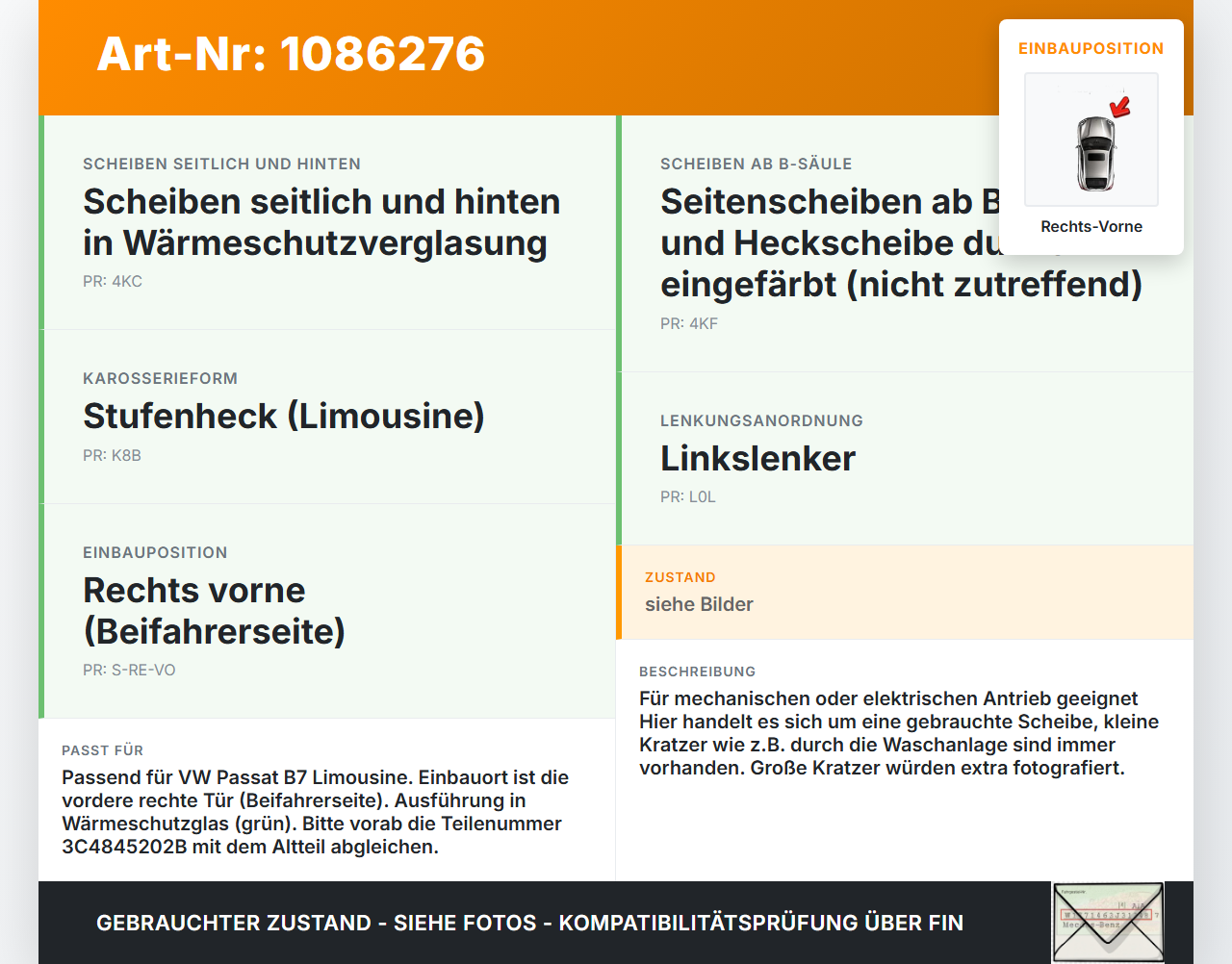 VW Passat 3C B7 10-14 Lim Seitenscheibe RVK Türscheibe Rechts Vorne VW Passat 3C B7 10-14 02.01.2014 3C4845202B... Vorschau 3