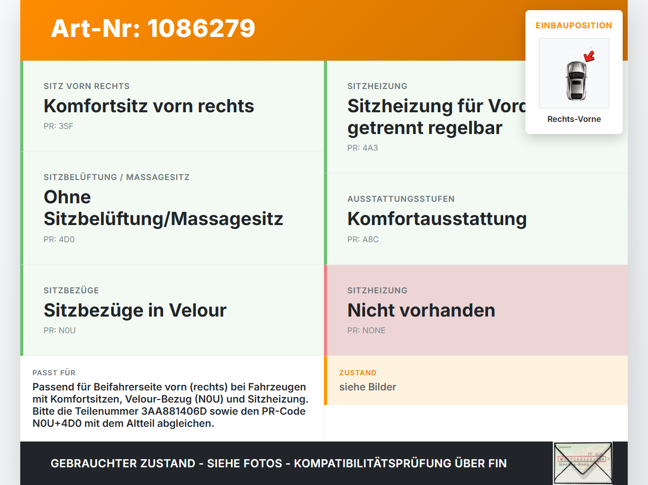 VW Passat 3C B7 10-14 Lim Sitzbezug Sitzpolster für Beifahrersitz Rechts Vorne beheizt VW Passat 3C B7 10-14... Vorschau 3