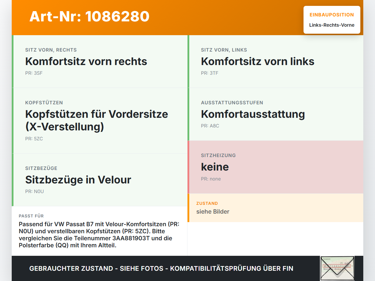 VW Passat 3C B7 10-14 Lim Kopfstütze für Beifahrer Sitz Rechts oder Links Vorne Schwarz VW Passat 3C B7 10-14... Vorschau 3