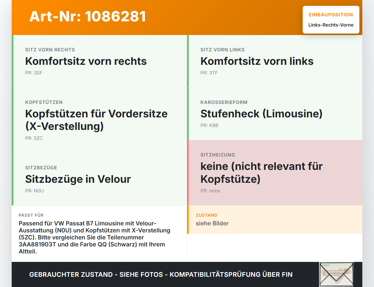 VW Passat 3C B7 10-14 Lim Kopfstütze für Beifahrer Sitz Rechts oder Links Vorne Schwarz VW Passat 3C B7 10-14... Vorschau 3