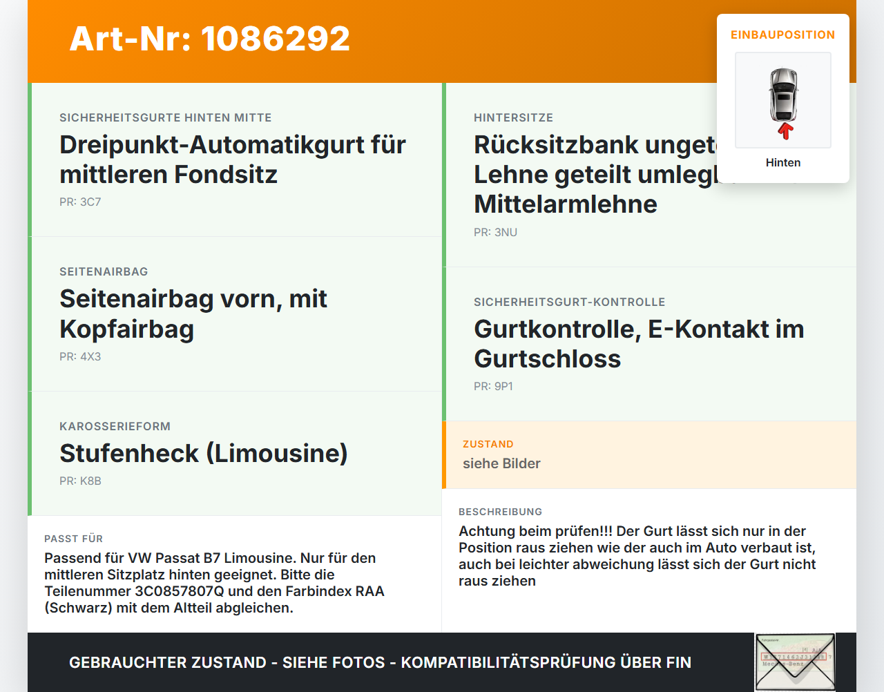 VW Passat 3C B7 10-14 Lim Gurt Sicherheitsgurt Mitte Hinten VW Passat 3C B7 10-14 02.01.2014 3C0857807Q... Vorschau 3