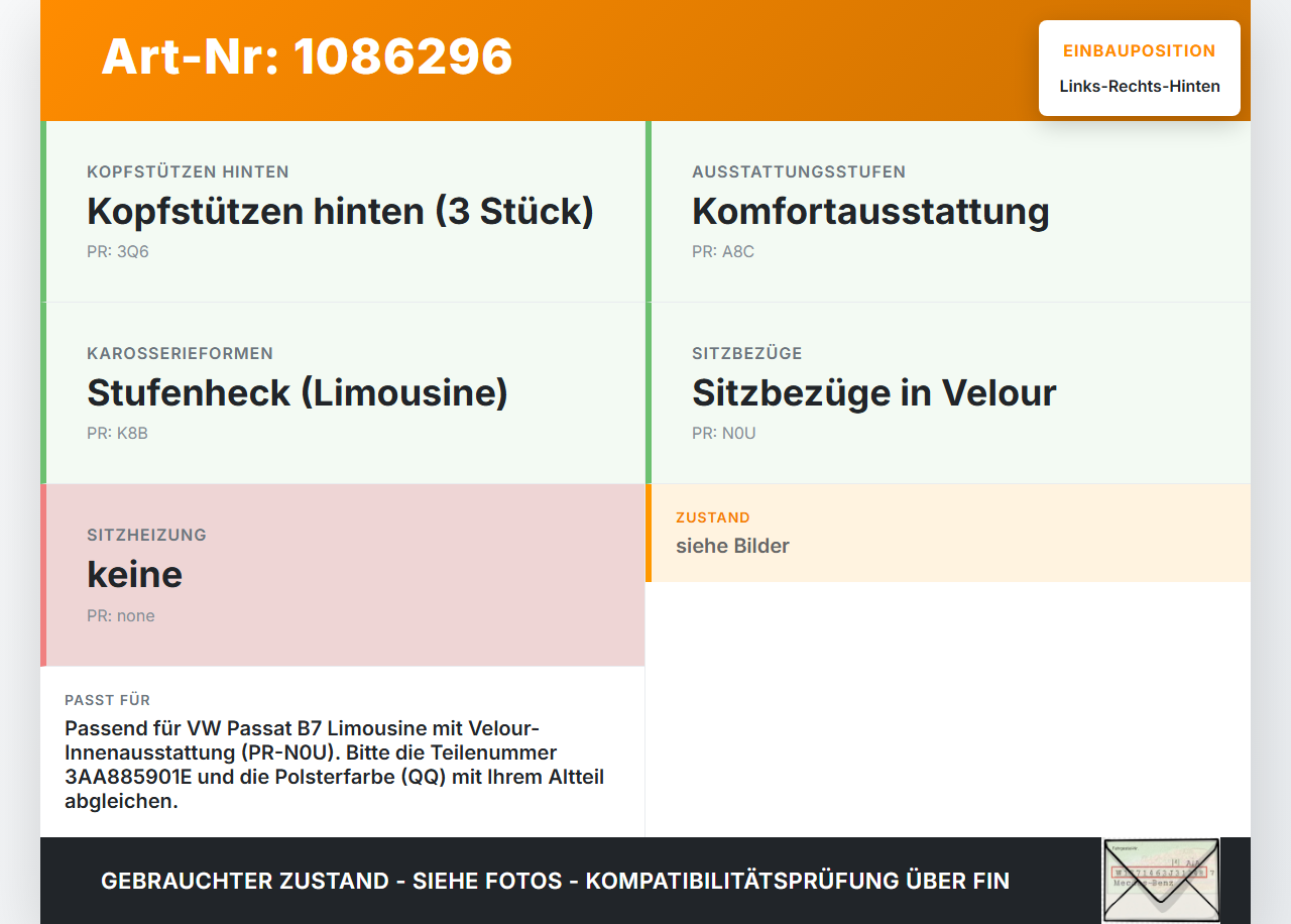 VW Passat 3C B7 10-14 Kopfstütze Rechts oder Links Hinten VW Passat 3C B7 10-14 02.01.2014 3AA885901E gebraucht Vorschau 3