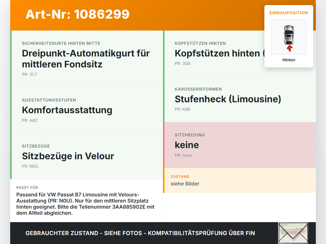 VW Passat 3C B7 10-14 Kopfstütze für Sitz Mitte Hinten VW Passat 3C B7 10-14 02.01.2014 3AA885902E gebraucht Vorschau 3