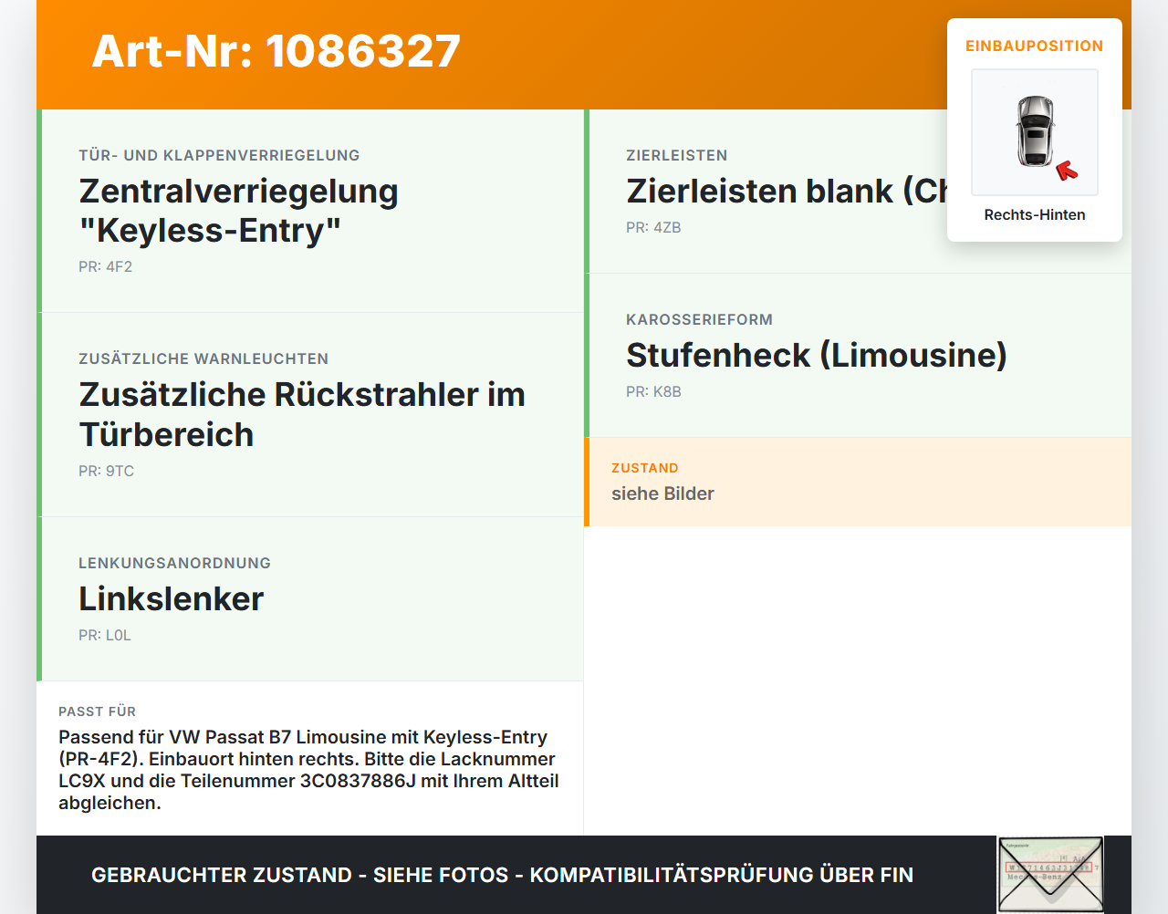 VW Passat 3C B7 10-14 Lim Türgriff Griff aussen Keyless Außentürgriff Rechts Hinten LC9X VW Passat 3C B7 10-14... Vorschau 3