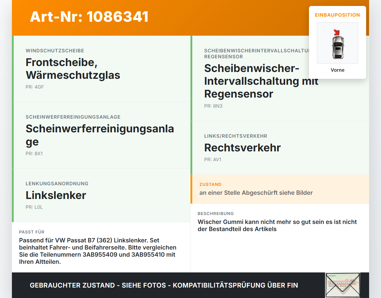 VW Passat 3C B7 10-14 2x Scheibenwischer Wischarm Vorne VW Passat 3C B7 10-14 02.01.2014 3AB955410 3AB955409 gebraucht Vorschau 3
