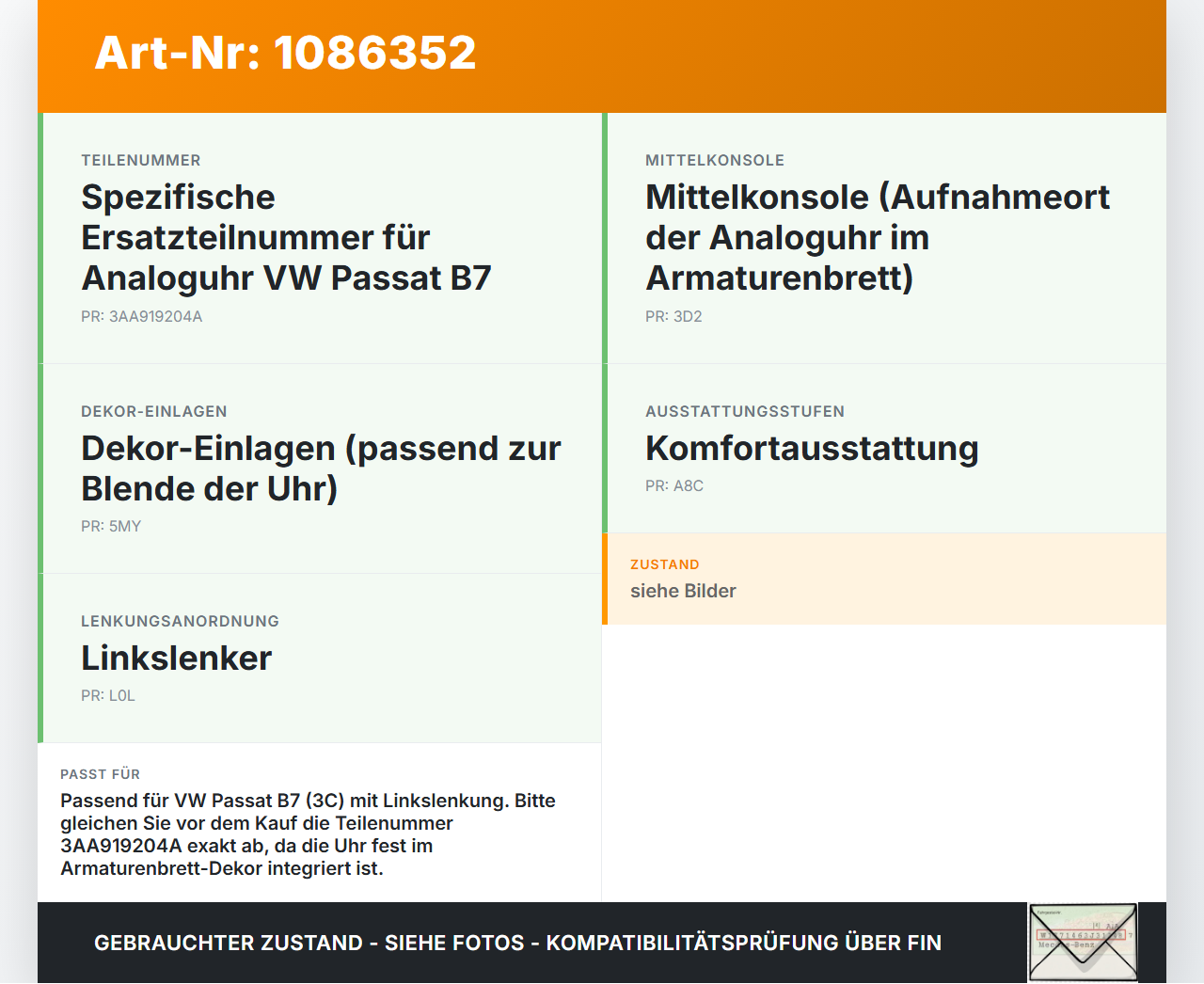 VW Passat 3C B7 10-14 Analoguhr Armaturenbrett Uhr Zeituhr Cockpituhr VW Passat 3C B7 10-14 02.01.2014 3AA919204A... Vorschau 3