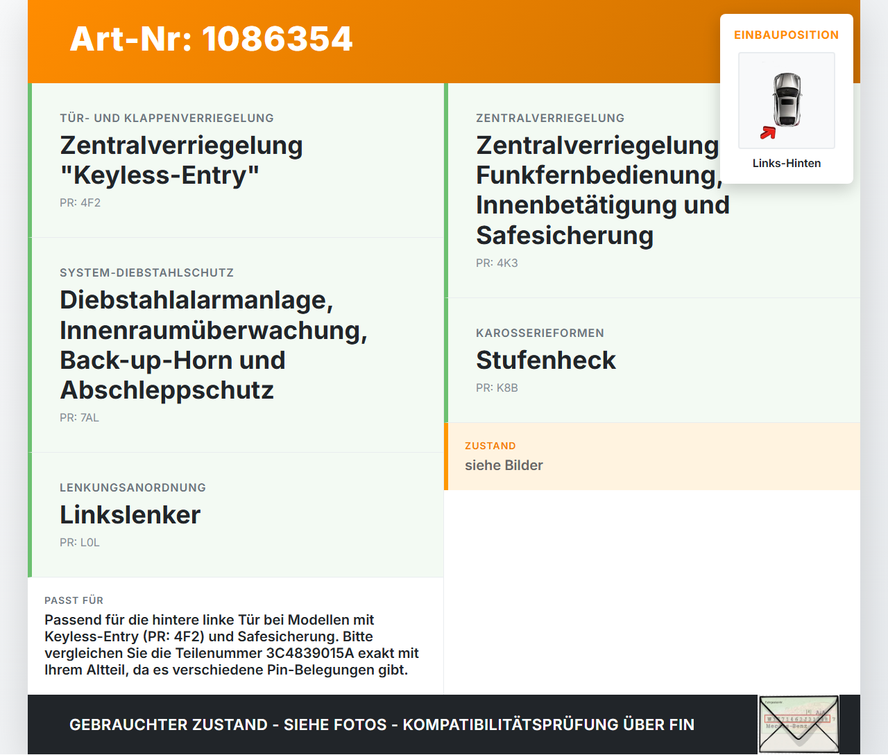 VW Passat 3C B7 10-14 Lim Türschloss Stellmotor Zentralverriegelung Schloss Links Hinten VW Passat 3C B7 10-14... Vorschau 3