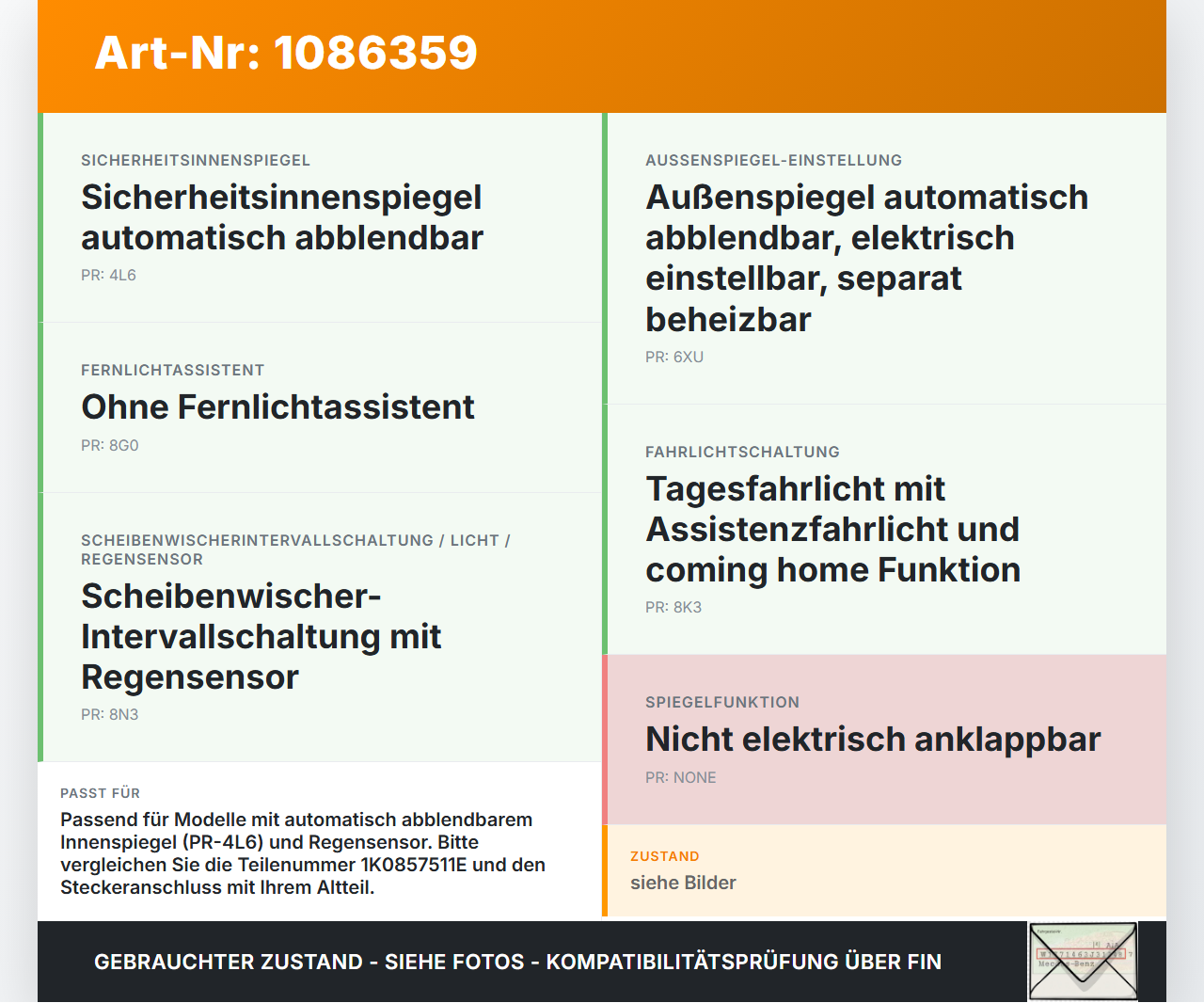 VW Passat 3C B7 10-14 Innenspiegel Rückspiegel Spiegel Innen VW Passat 3C B7 10-14 02.01.2014 1K0857511E gebraucht Vorschau 3