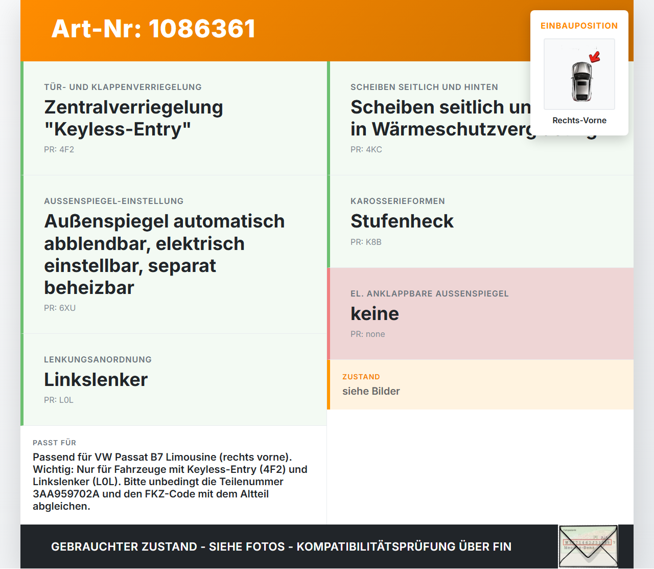 VW Passat 3C B7 10-14 Lim Fensterhebermotor Rechts Vorne VW Passat 3C B7 10-14 02.01.2014 3AA959702A 3C0959793C... Vorschau 3