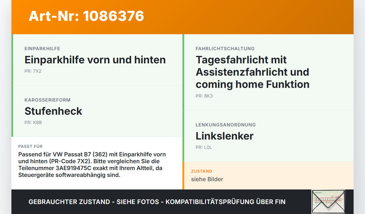 VW Passat 3C B7 10-14 Steuergerät ECU Modul Einparkhilfe PDC SG VW Passat 3C B7 10-14 02.01.2014 3AE919475C... Vorschau 3
