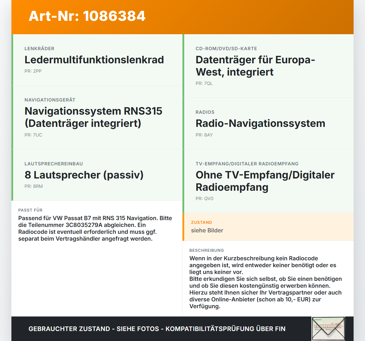VW Passat 3C B7 10-14 Autoradio CD-Radio RNS 315 EU Navi Navigation VW Passat 3C B7 10-14 02.01.2014 3C8035279A... Vorschau 3