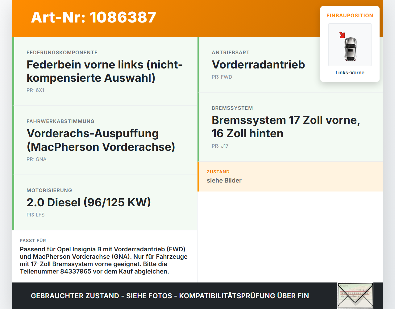 Opel Insignia B Z18 17-20 Kombi Federbein Stossdämpfer Dämpfer Links Vorne Opel Insignia B Z18 17-20 28.05.2019... Vorschau 3