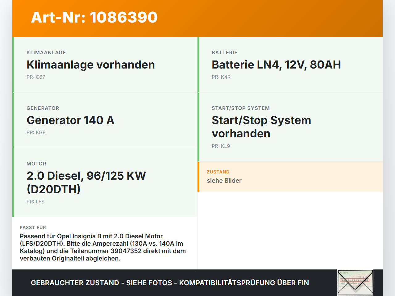 Opel Insignia B Z18 17-20 CDTi 2,0 125KW Lichtmaschine Generator 130A Opel Insignia B Z18 17-20 28.05.2019 39047352... Vorschau 3