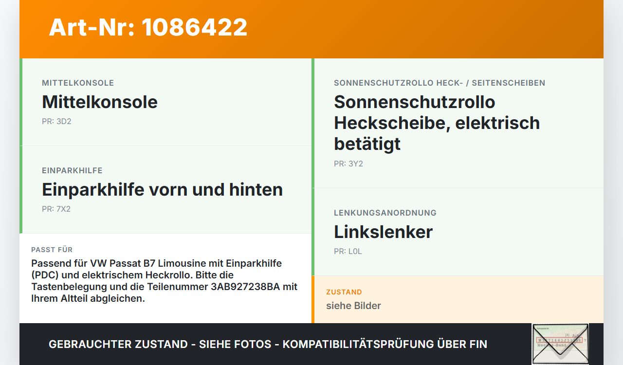 VW Passat 3C B7 10-14 Schalter PDC Off Sonnenrollo VW Passat 3C B7 10-14 02.01.2014 3AB927238BA gebraucht Vorschau 3