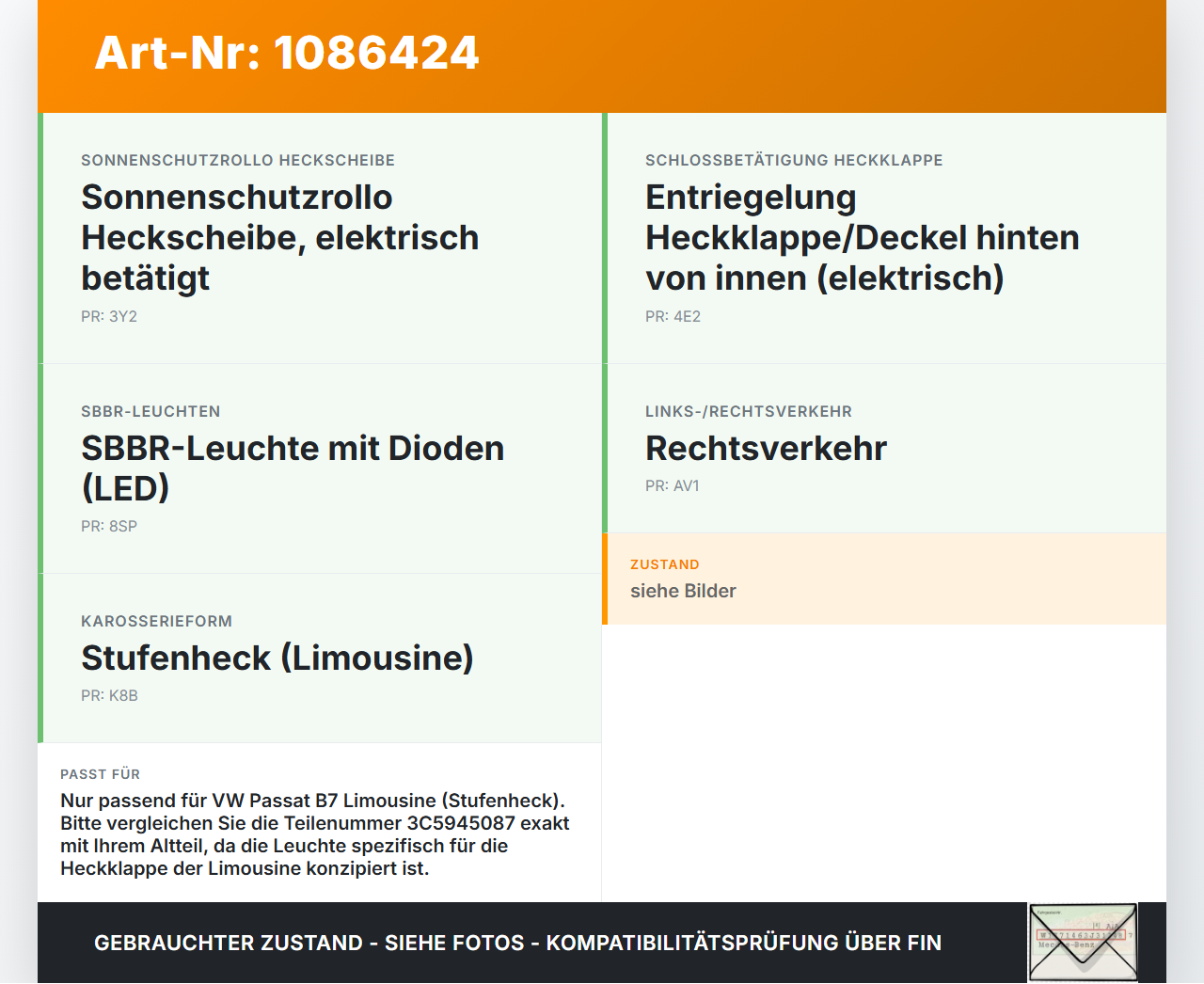 VW Passat 3C B7 10-14 Lim Bremslicht 3te Bremsleuchte für Klappe VW Passat 3C B7 10-14 02.01.2014 3C5945087... Vorschau 3