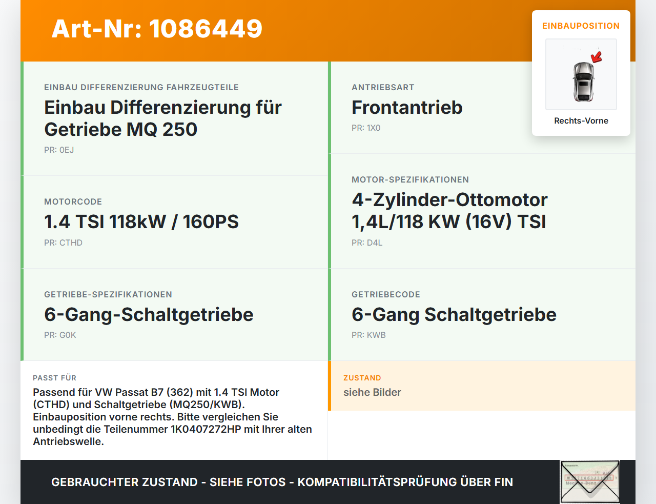 VW Passat 3C B7 10-14 TSI 1,4 90KW Antriebswelle Gelenkwelle Rechts Vorne VW Passat 3C B7 10-14 02.01.2014... Vorschau 3