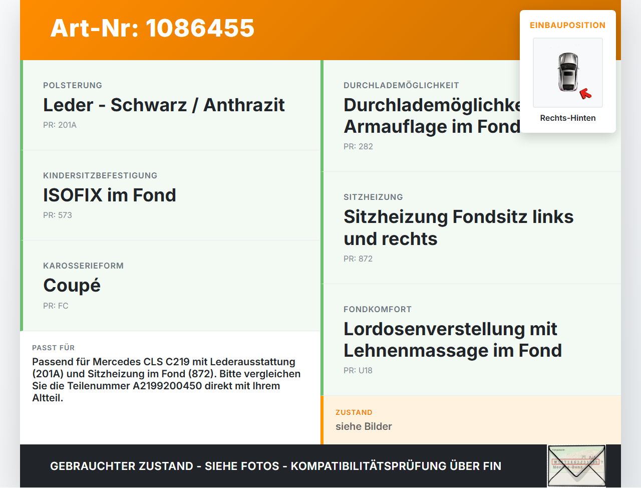 Mercedes C219 CLS 350 08-10 Coupe Sitzbezug Sitzpolster Rechts für Rücksitzbank Hinten Mercedes C219 CLS 350 08-10... Vorschau 3