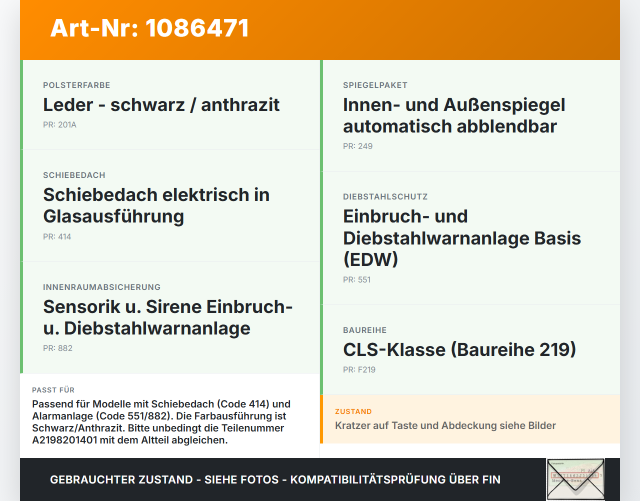 Mercedes C219 CLS 350 08-10 Innenleuchte Innenraumleuchte Mercedes C219 CLS 350 08-10 07.12.2010 A2198201401... Vorschau 3