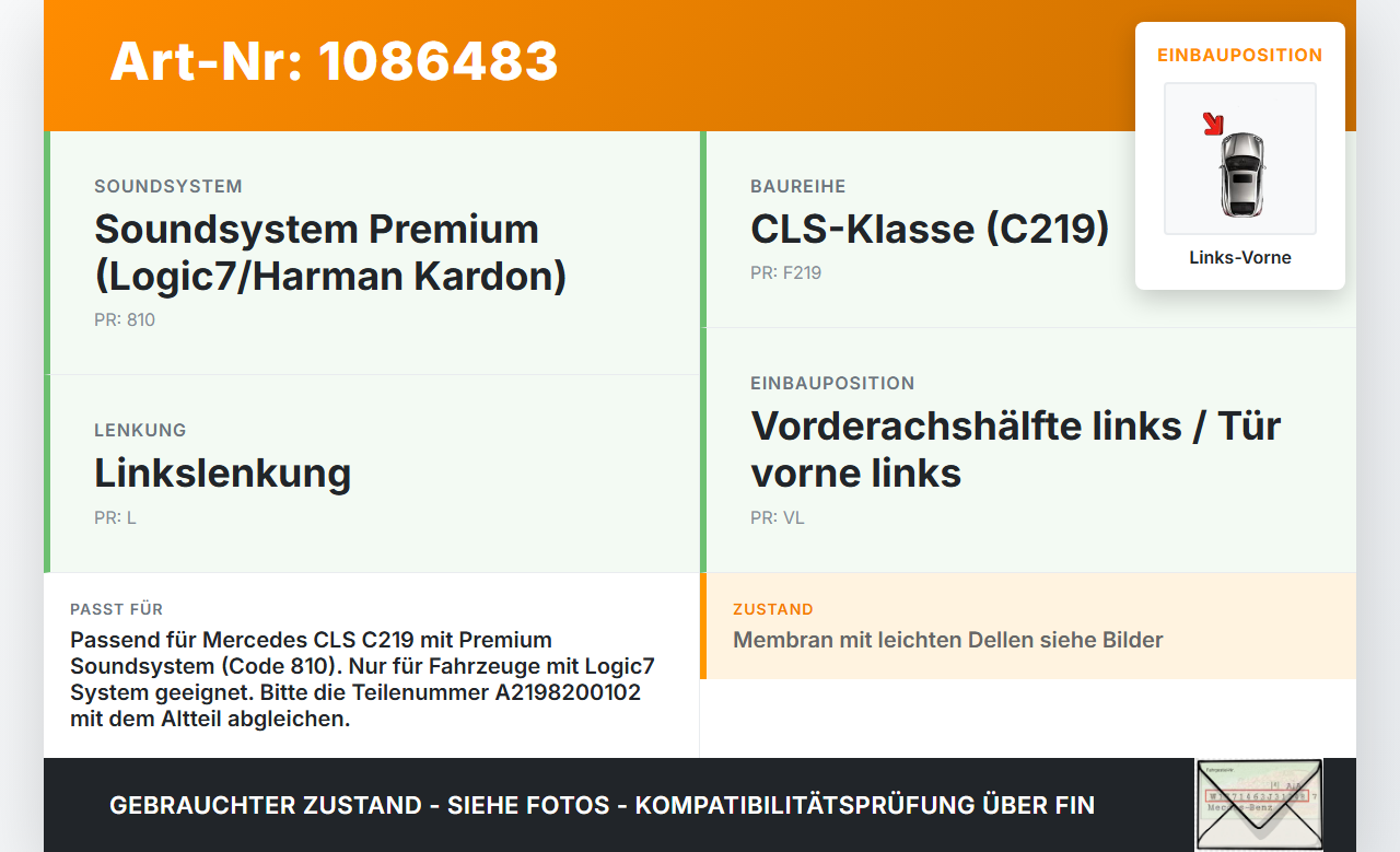 Mercedes C219 CLS 350 08-10 Lautsprecher Links Vorne  Logic7 Mercedes C219 CLS 350 08-10 07.12.2010 A2198200102... Vorschau 3
