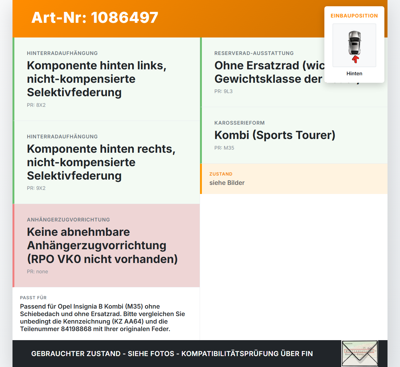 Opel Insignia B Z18 17-20 Kombi Beide Federn Fahrwerksfedern Schraubenfedern Hinten Opel Insignia B Z18 17-20... Vorschau 3