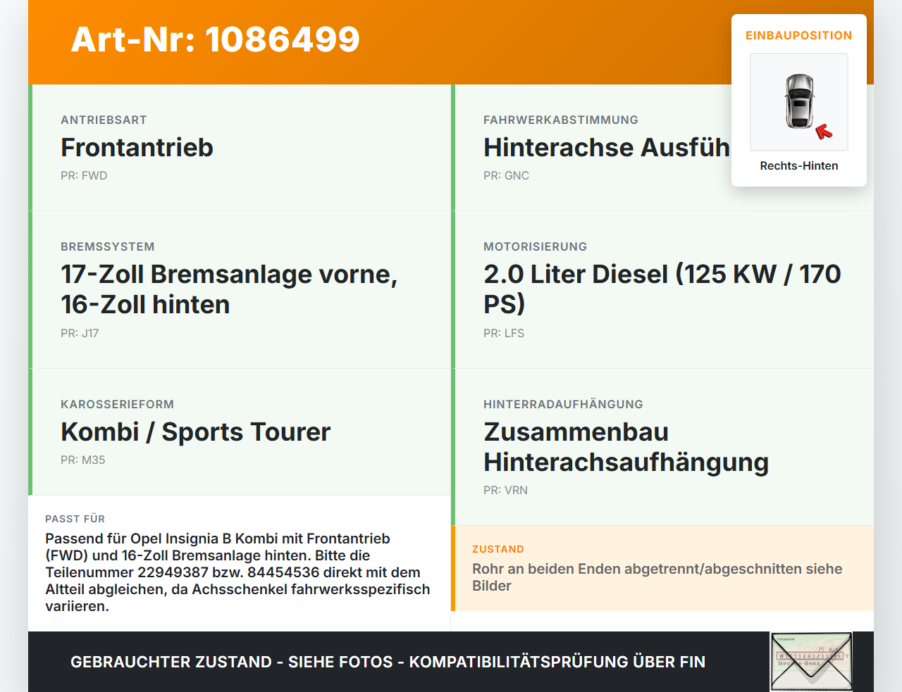 Opel Insignia B Z18 17-20 Kombi CDTi 2,0 125KW Achsschenkel Radnabe Rechts Hinten Opel Insignia B Z18 17-20... Vorschau 3
