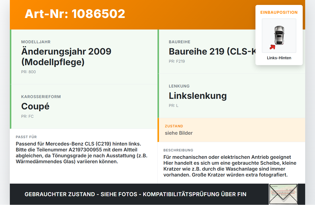 Mercedes C219 CLS 350 08-10 Coupe Seitenscheibe Türscheibe Dreiecksfenster Hinten Links Mercedes C219 CLS 350 08-10... Vorschau 3