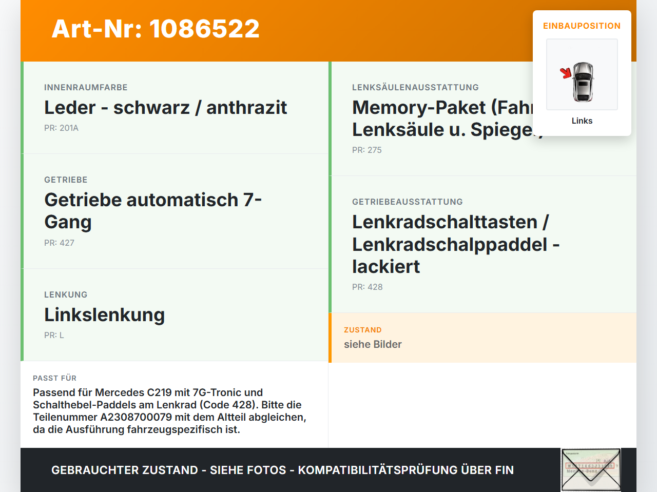 Mercedes C219 CLS 350 08-10 Schaltwippe Schalter Minus Paddel Lenkradschaltung Links Mercedes C219 CLS 350 08-10... Vorschau 3