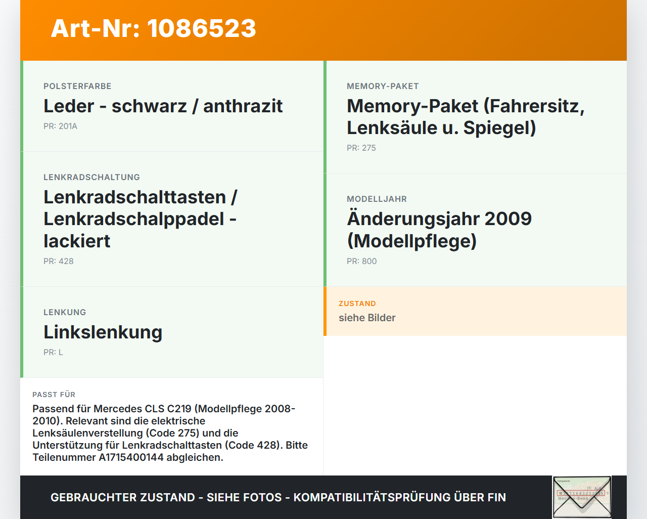 Mercedes C219 CLS 350 08-10 Lenkstockschalter Blinker Wischer Kombischalter Mercedes C219 CLS 350 08-10 07.12.2010... Vorschau 3