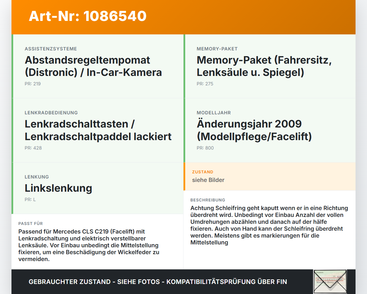 Mercedes C219 CLS 350 08-10 Airbag Schleifring Wickelfeder Mercedes C219 CLS 350 08-10 07.12.2010 A1714640918 gebraucht Vorschau 3