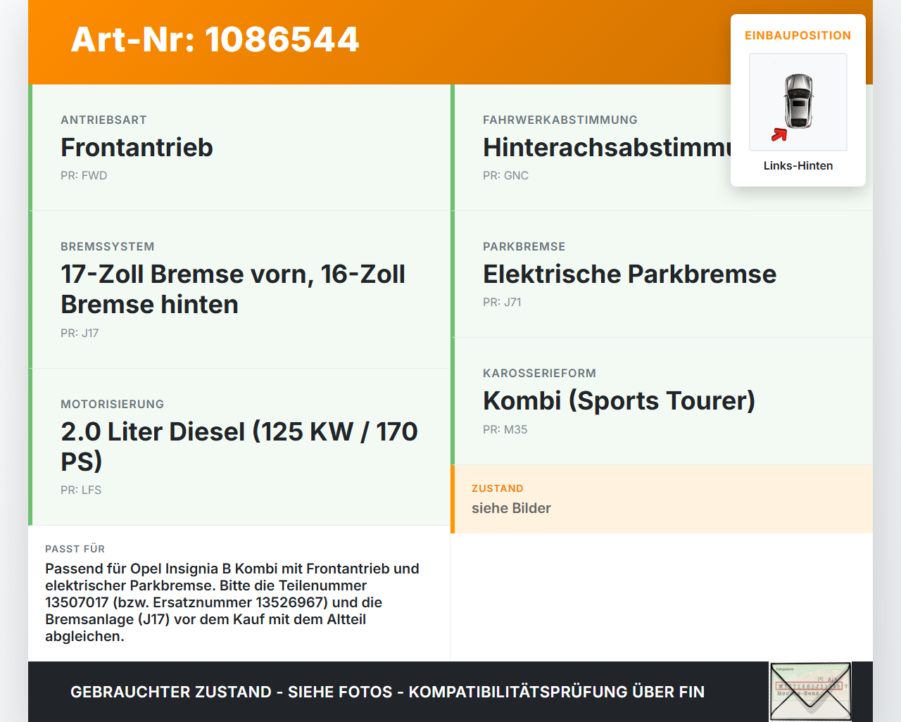 Opel Insignia B Z18 17-20 Kombi CDTi 2,0 125KW Achsschenkel Radnabe Links Hinten Opel Insignia B Z18 17-20... Vorschau 3