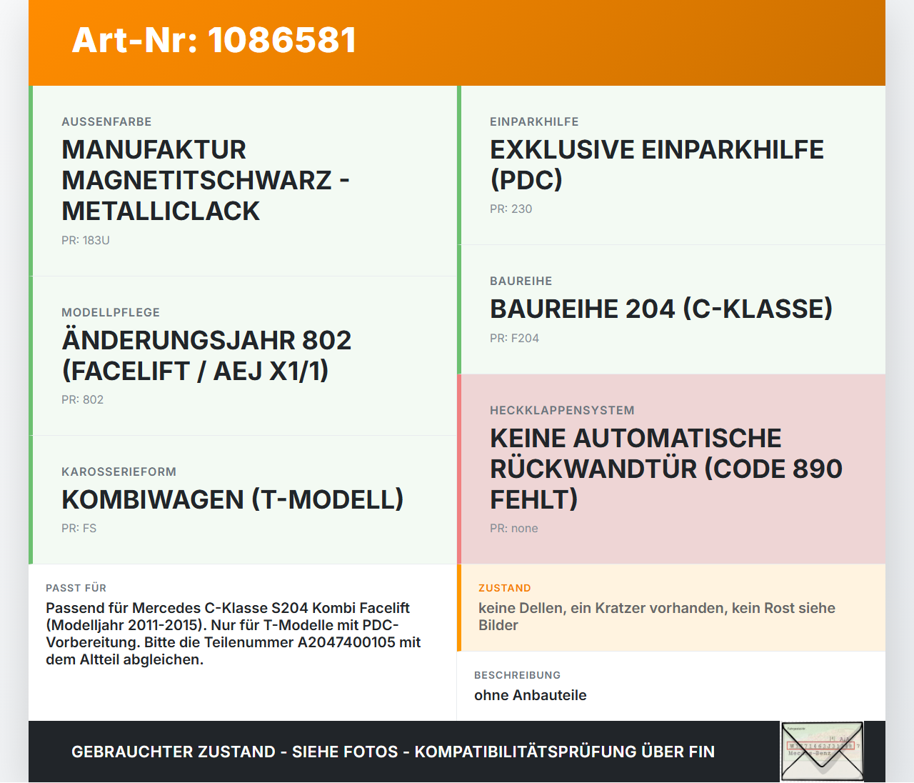 Mercedes S204 W204 11-15  Kombi Heckklappe Kofferraumdeckel 183 Mercedes S204 W204 11-15 11.05.2012 A2047400105... Vorschau 3