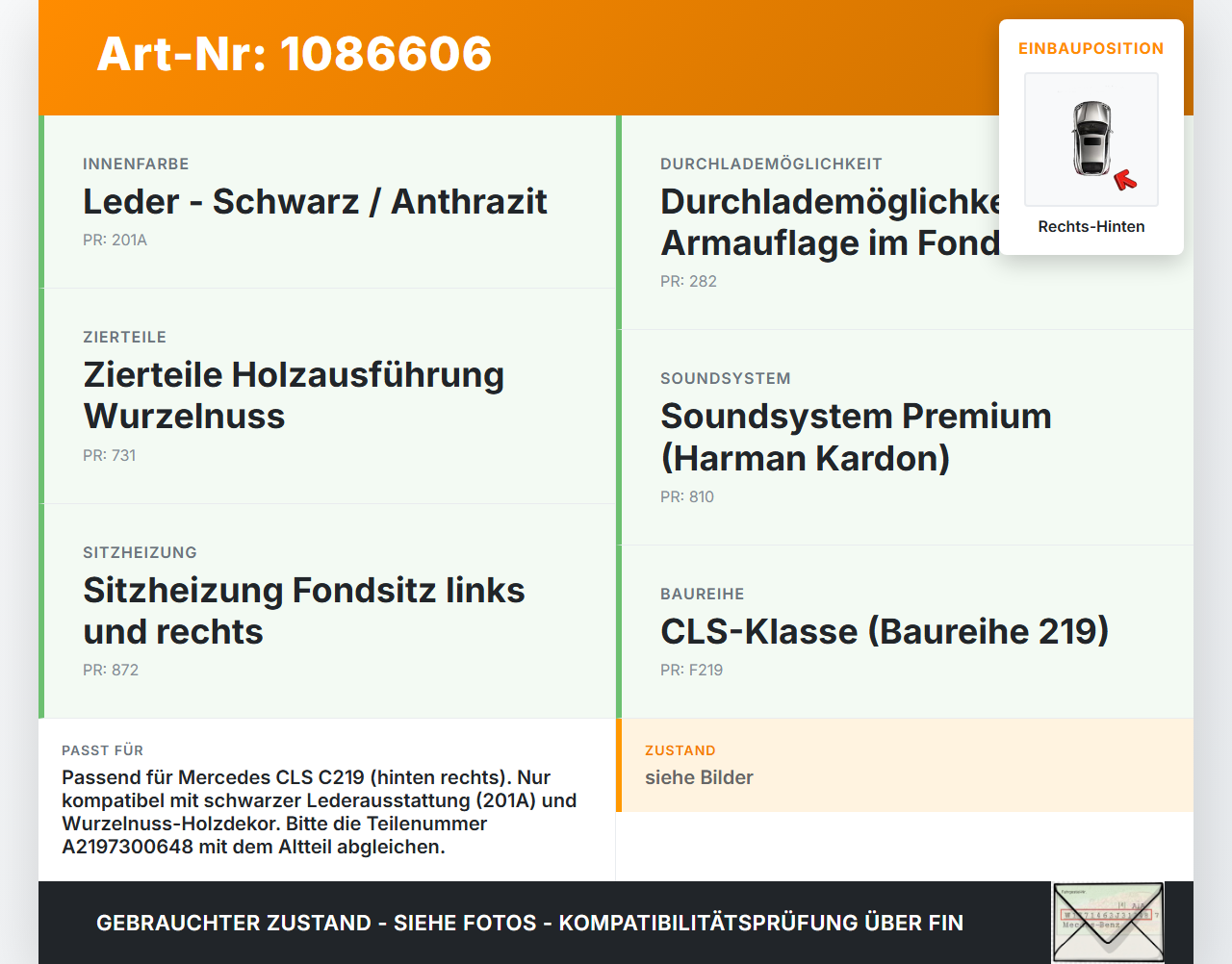 Mercedes C219 CLS 350 08-10 SRS Türverkleidung Airbagverkleidung Türpappe Rechts Hinten Mercedes C219 CLS 350 08-10... Vorschau 3