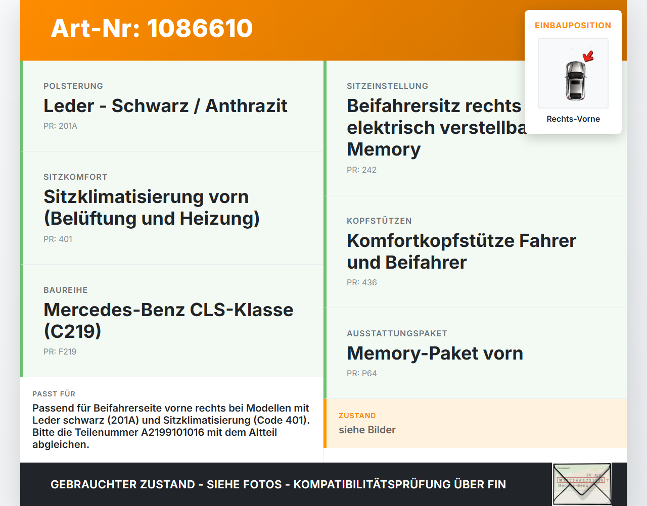 Mercedes C219 CLS 350 08-10 CDI 3,0 165KW Rückenpolster für Beifahrer Sitz Rechts Vorne Mercedes C219 CLS 350 08-10... Vorschau 3