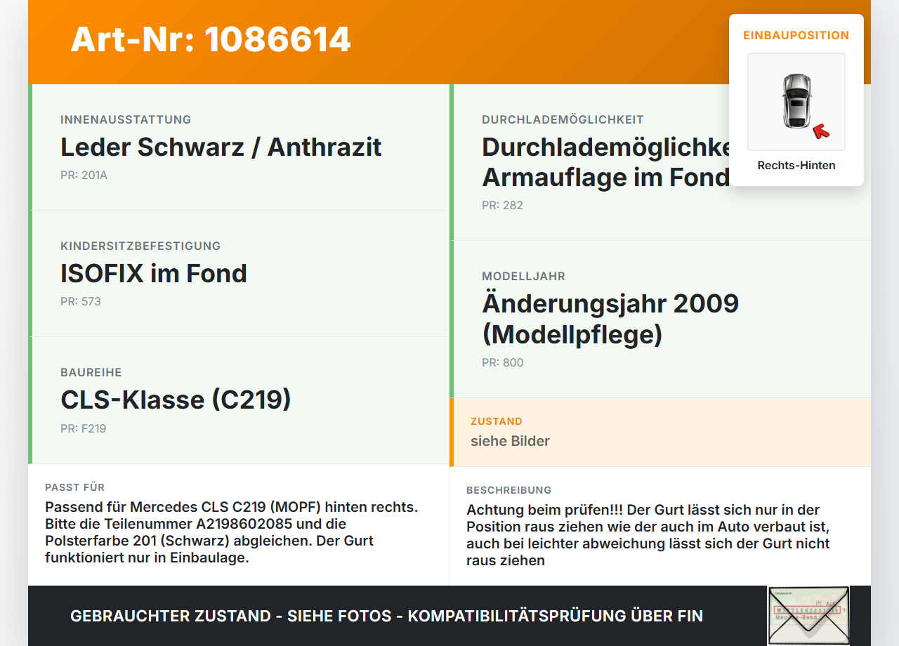 Mercedes C219 CLS 350 08-10 Coupe Gurt Sicherheitsgurt Rechts Hinten Mercedes C219 CLS 350 08-10 07.12.2010... Vorschau 3