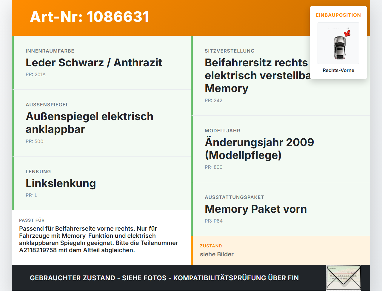 Mercedes C219 CLS 350 08-10 Coupe Fensterheberschalter Schalter Rechts Vorne Mercedes C219 CLS 350 08-10 07.12.2010... Vorschau 3