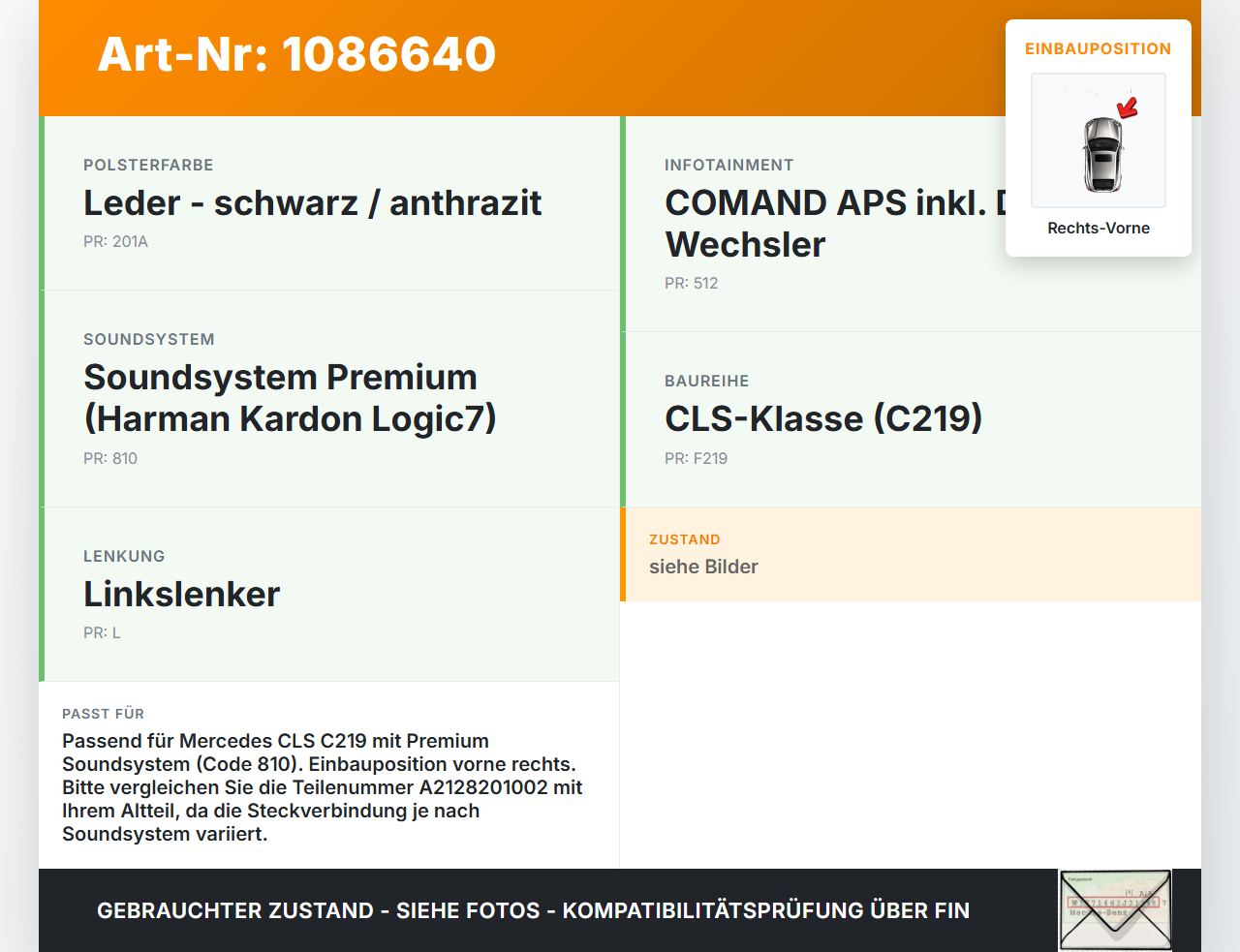 Mercedes C219 CLS 350 08-10 Lautsprecher Hochtöner Rechts Vorne Mercedes C219 CLS 350 08-10 07.12.2010 A2128201002... Vorschau 3