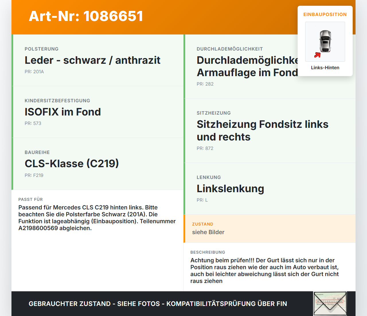 Mercedes C219 CLS 350 08-10 Coupe Gurt Sicherheitsgurt Links Hinten Mercedes C219 CLS 350 08-10 07.12.2010... Vorschau 3