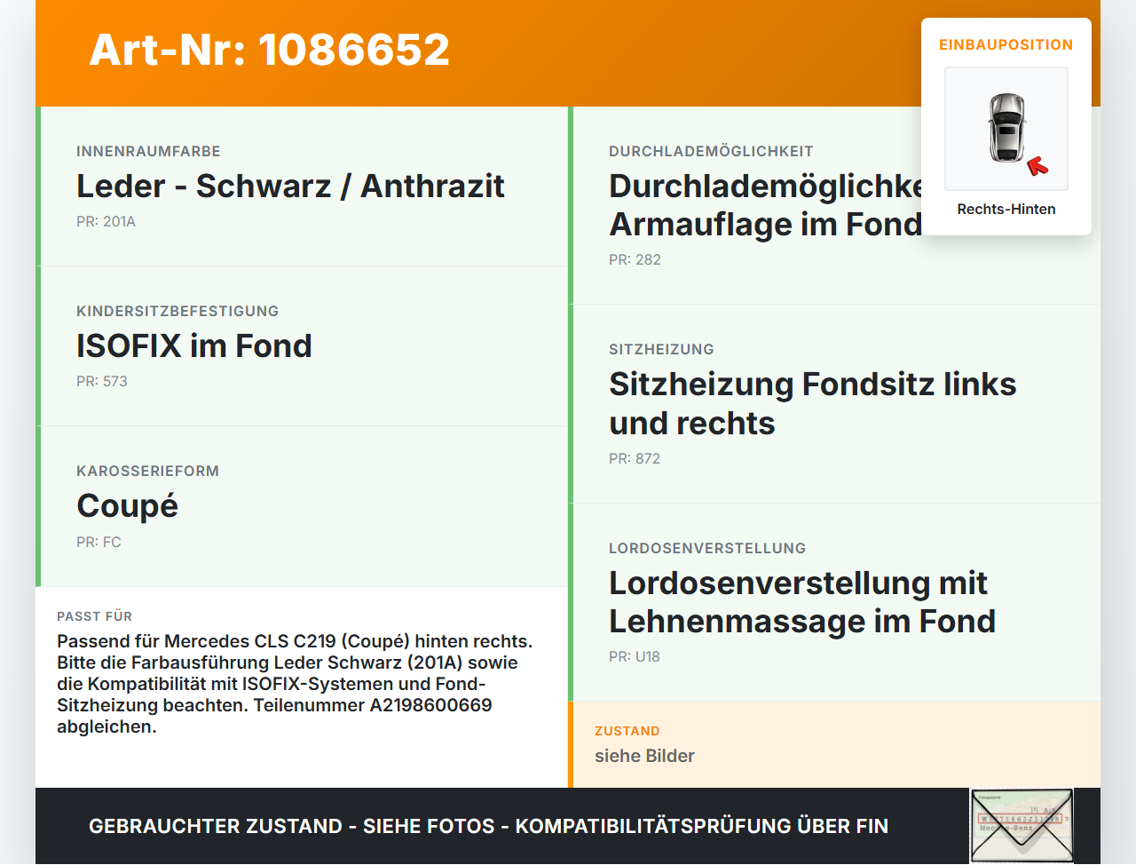 Mercedes C219 CLS 350 08-10 Coupe Gurtschloss Rechts Hinten Mercedes C219 CLS 350 08-10 07.12.2010 A2198600669... Vorschau 3