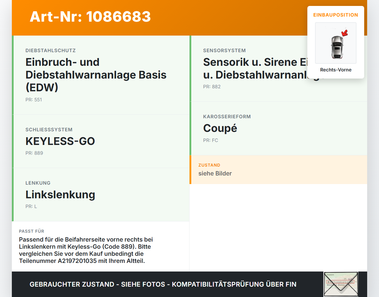 Mercedes C219 CLS 350 08-10 Coupe Türschloss m. ZV Stellmotor Rechts Vorne Mercedes C219 CLS 350 08-10 07.12.2010... Vorschau 3