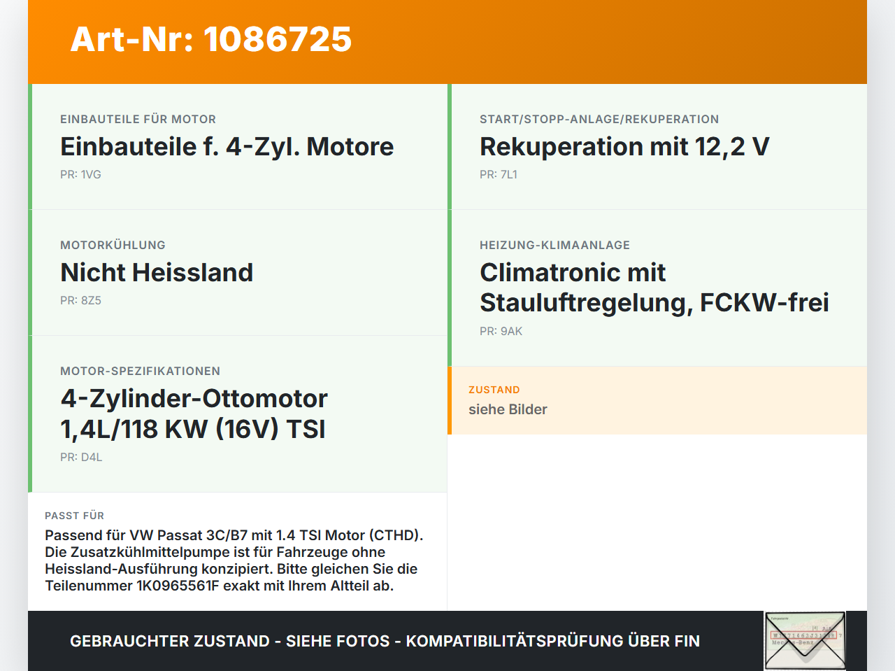 VW Passat 3C B7 10-14 TSI 1,4 90KW Umwelzpumpe Heizung Pumpe VW Passat 3C B7 10-14 02.01.2014 1K0965561F gebraucht Vorschau 3
