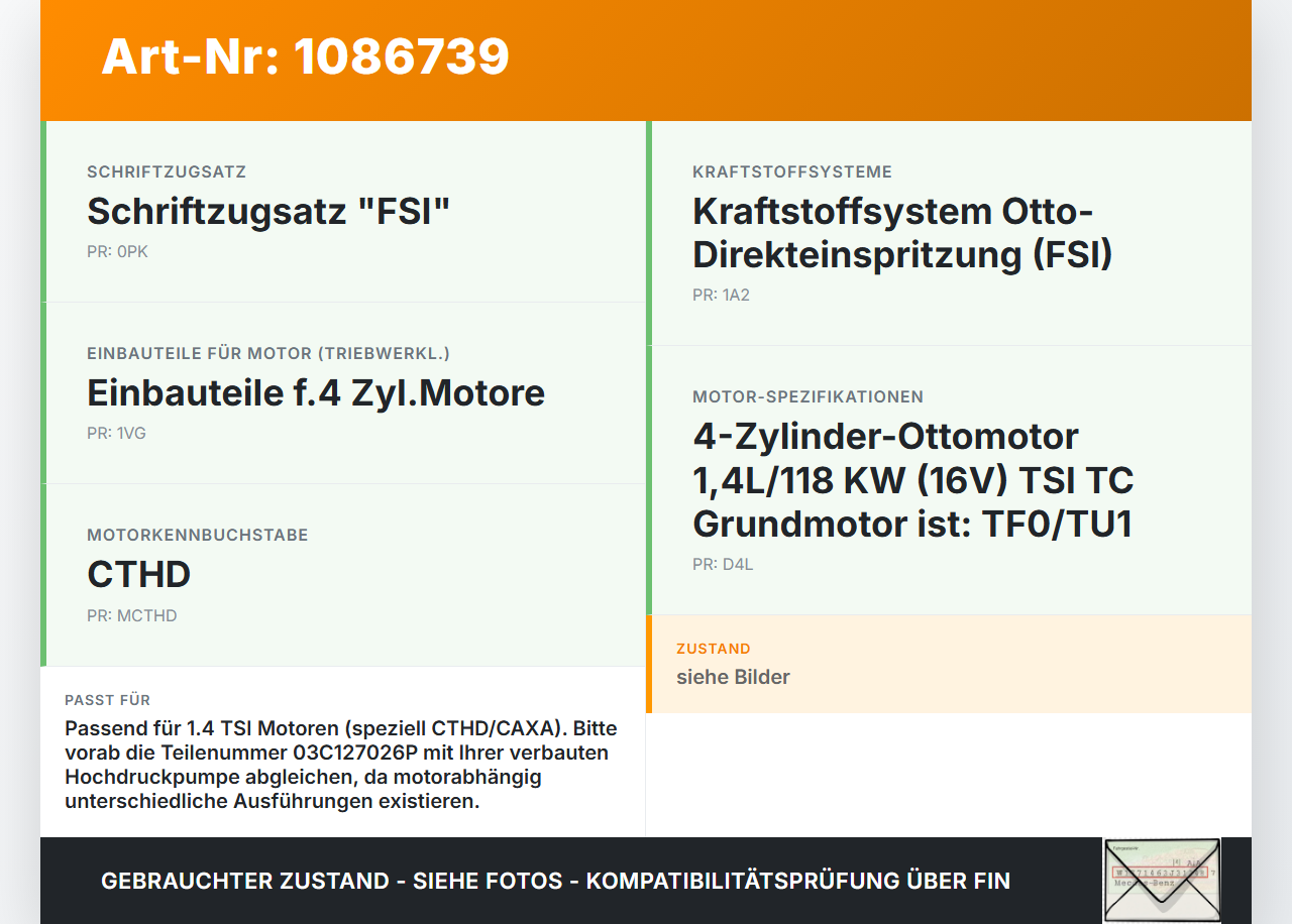 VW Passat 3C B7 10-14 TSI 1,4 90KW Einspritzpumpe Hochdruckpumpe Benzinpumpe VW Passat 3C B7 10-14 02.01.2014... Vorschau 3