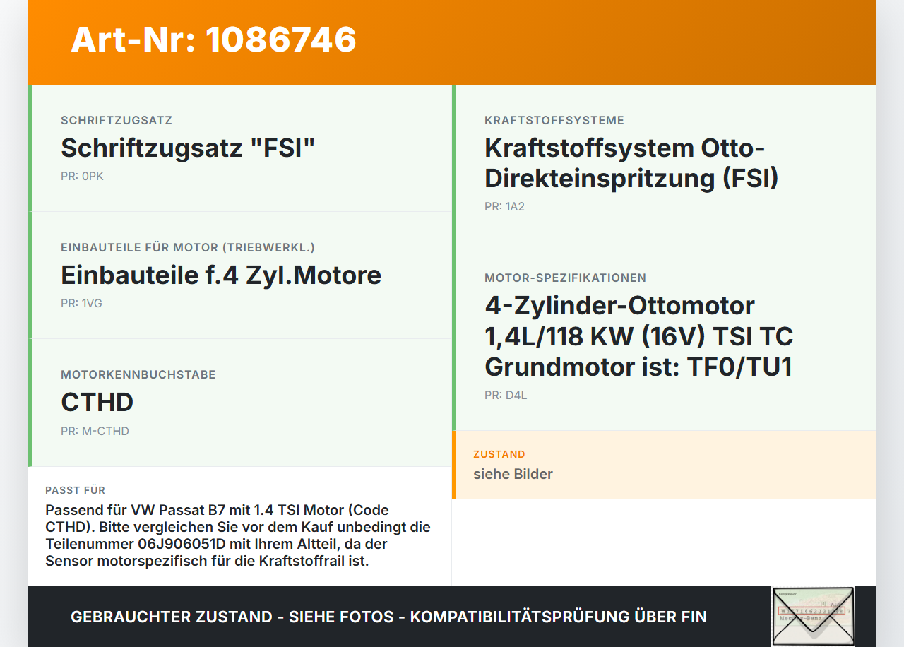 VW Passat 3C B7 10-14 TSI 1,4 90KW Railsensor Drucksensor VW Passat 3C B7 10-14 02.01.2014 06J906051D gebraucht Vorschau 3