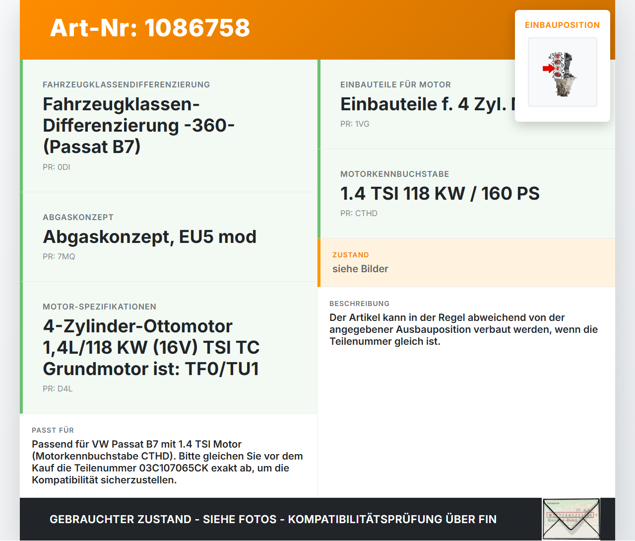 VW Passat 3C B7 10-14 TSI 1,4 90KW CTHD Kolben mit Pleuel Pos B VW Passat 3C B7 10-14 02.01.2014 03C107065CK gebraucht Vorschau 3