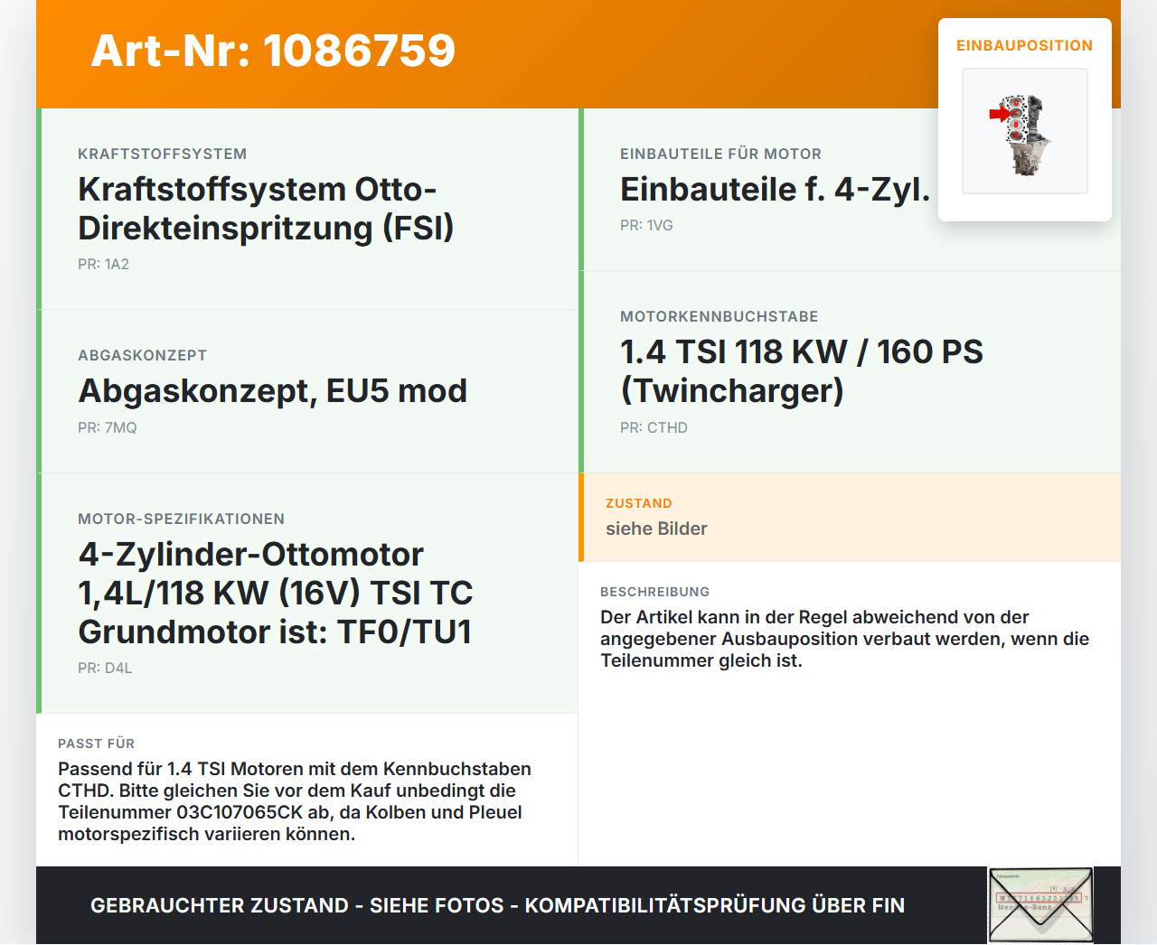 VW Passat 3C B7 10-14 TSI 1,4 90KW CTHD Kolben mit Pleuel pos C VW Passat 3C B7 10-14 02.01.2014 03C107065CK gebraucht Vorschau 3