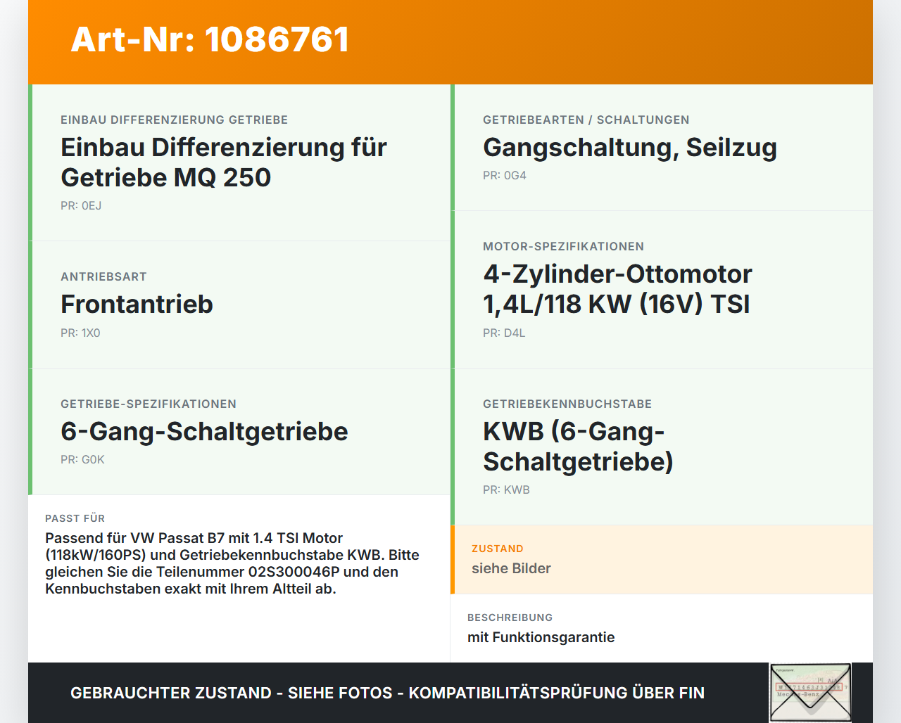 VW Passat 3C B7 10-14 TSI 1,4 90KW Schaltgetriebe Getriebe VW Passat 3C B7 10-14 02.01.2014 02S300046P gebraucht Vorschau 3