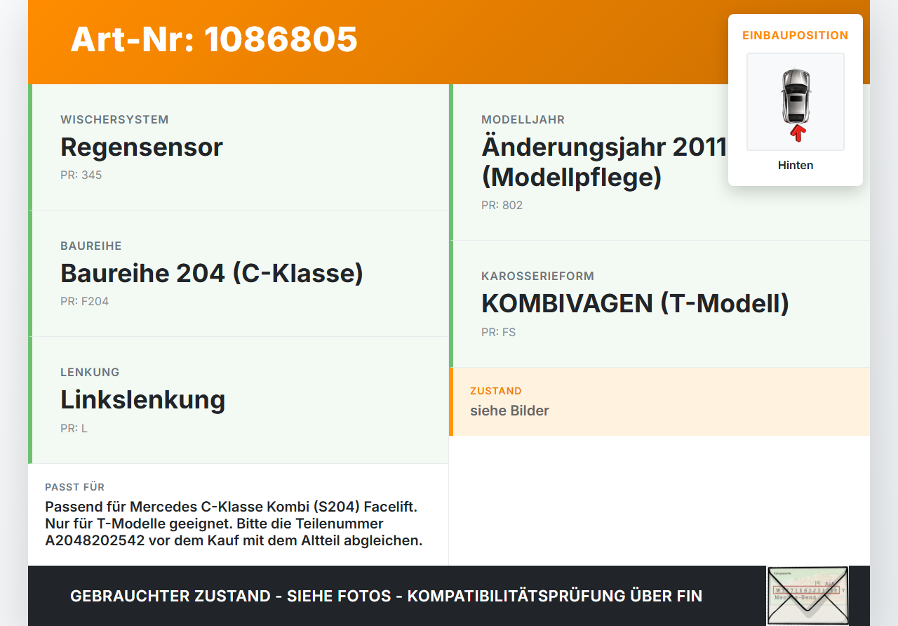 Mercedes S204 W204 11-15  Kombi Wischermotor Hinten Heckklappe Mercedes S204 W204 11-15 11.05.2012 A2048202542... Vorschau 3