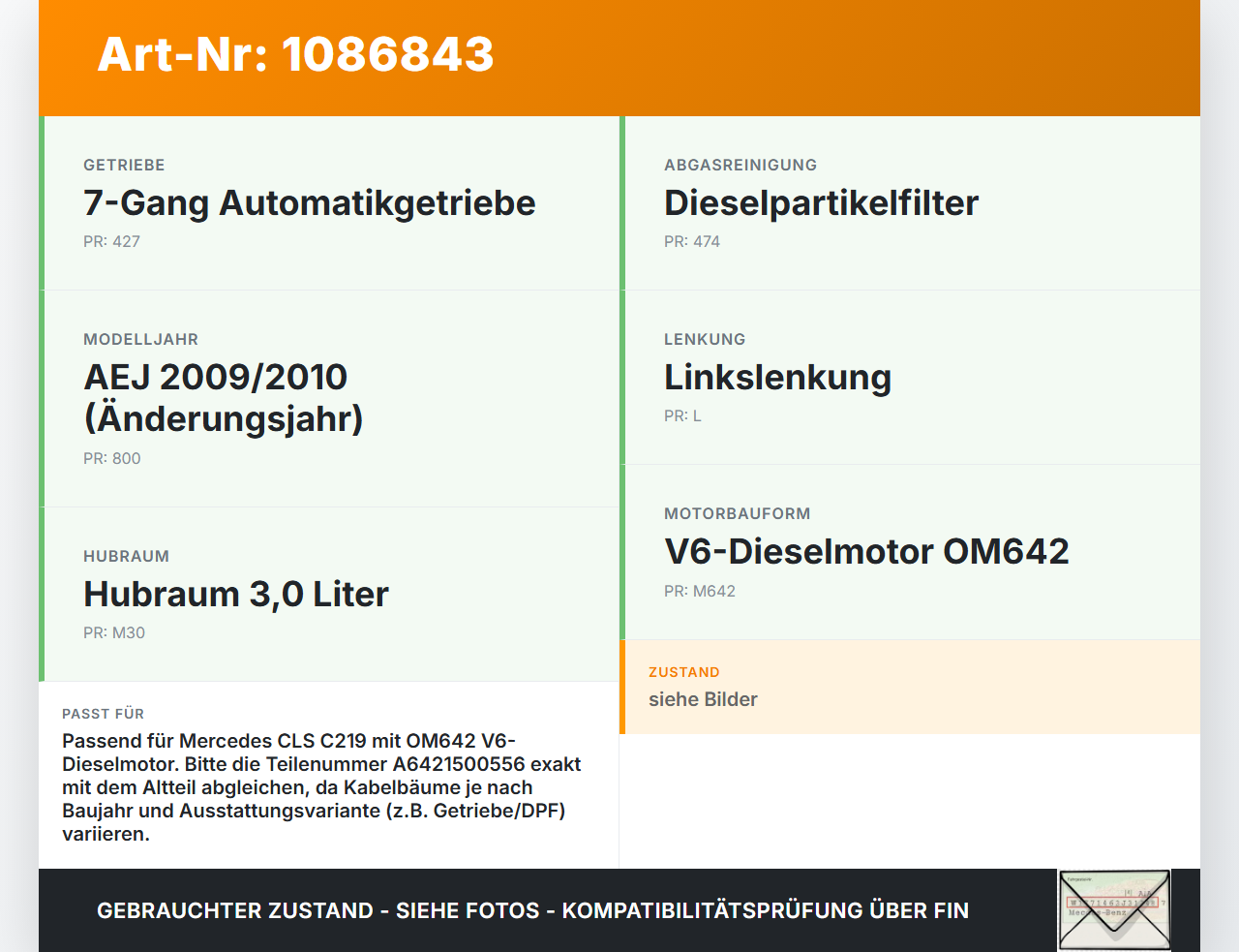 Mercedes C219 CLS 350 08-10 CDI 3,0 165KW Kabelbaum Motorkabelbaum Leitungssatz für Motor Mercedes C219 CLS 350... Vorschau 3