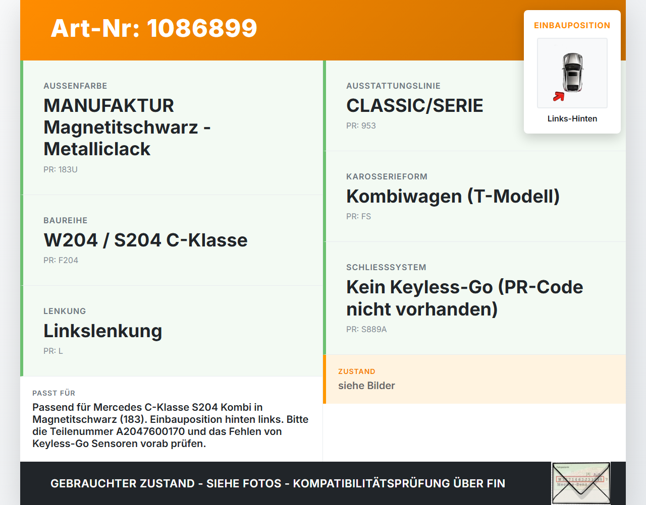 Mercedes S204 W204 11-15  Kombi Türgriff Griff aussen Links Hinten 183 Mercedes S204 W204 11-15 11.05.2012... Vorschau 3